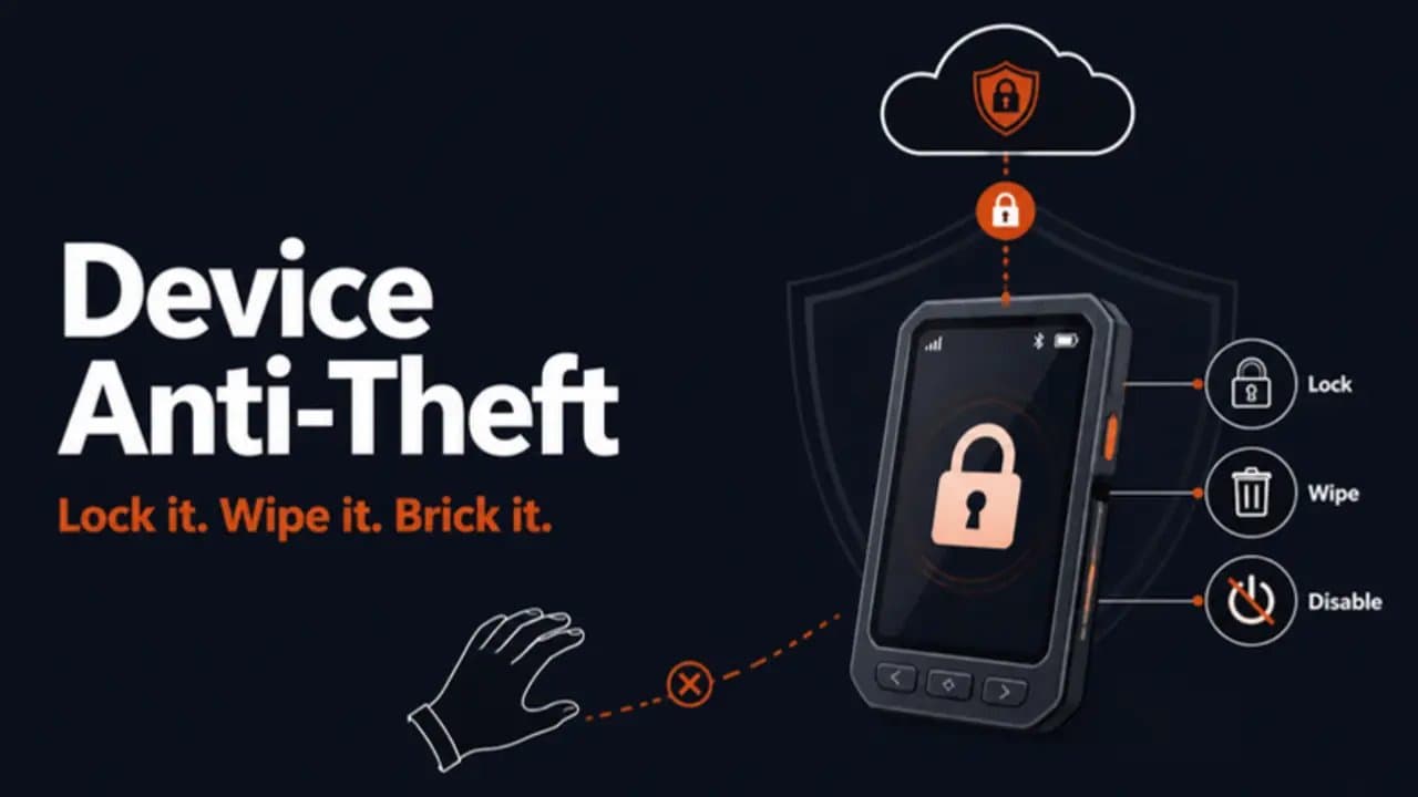 A stolen smart device showing a padlock as the cloud sends lock, wipe and disable commands