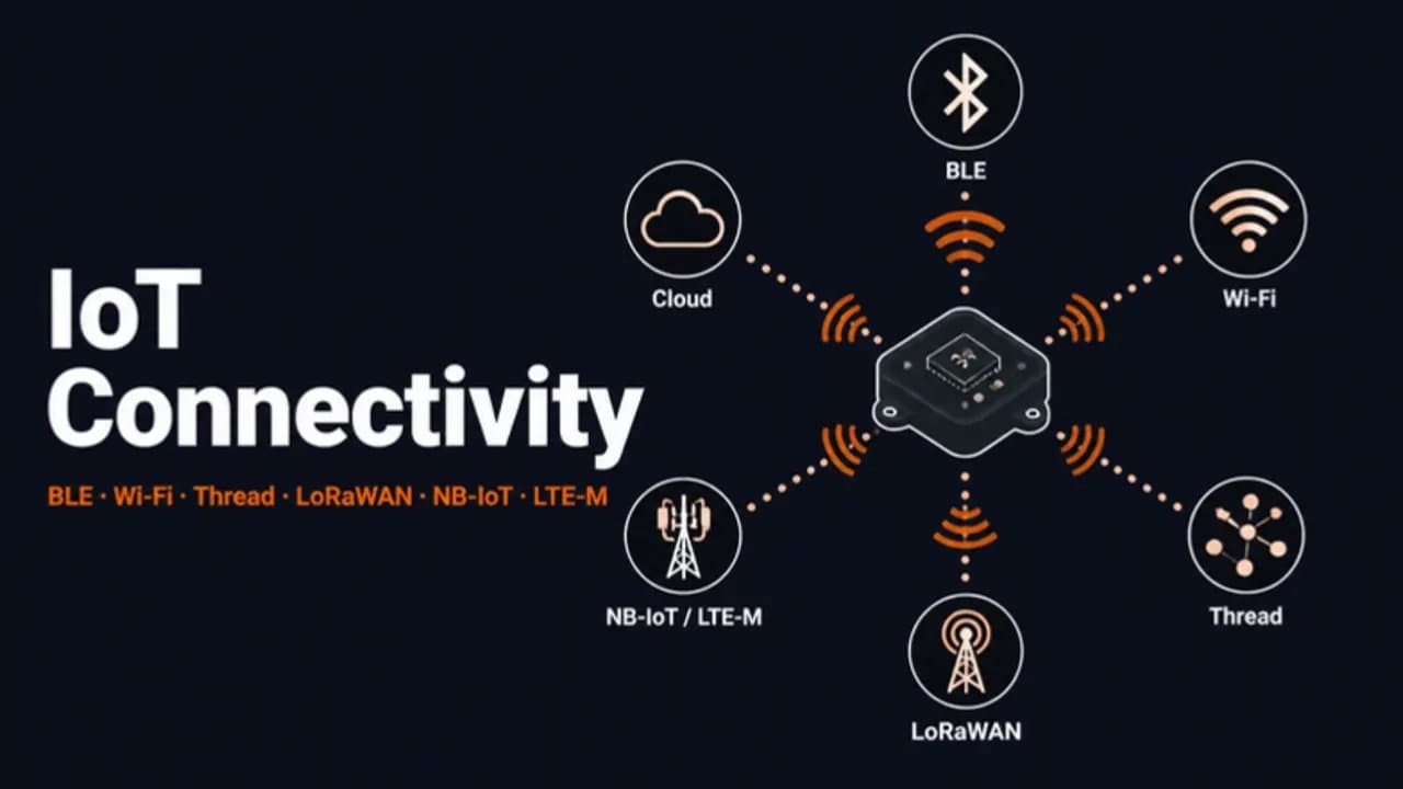 A smart device connecting to BLE, Wi-Fi, Thread, LoRaWAN, NB-IoT and LTE-M networks and the cloud