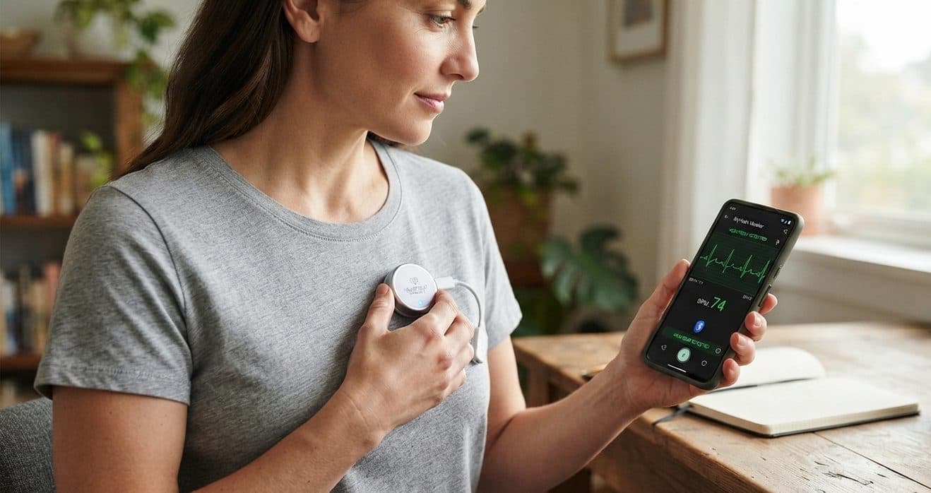Woman checking her heart rhythm on a phone app paired with a wearable monitor