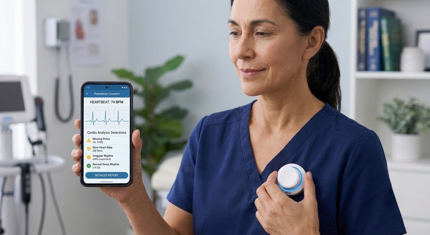 Clinician holding a wearable heart monitor to her chest while a phone app shows a live ECG and rhythm analysis