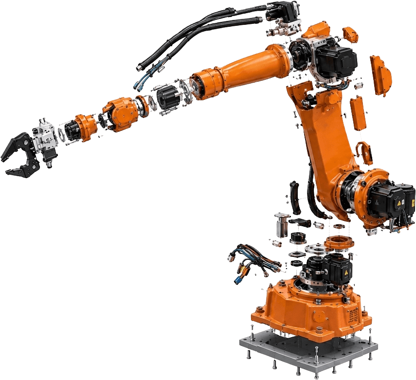 Exploded view of an industrial robot arm showing its motors, joints, gripper and cabling